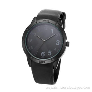 Men's sports watch, black alloy case with black leather strap, Japan quartz movement